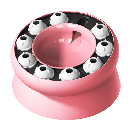 Pink indoor cat puzzle feeder with rotating treat compartments